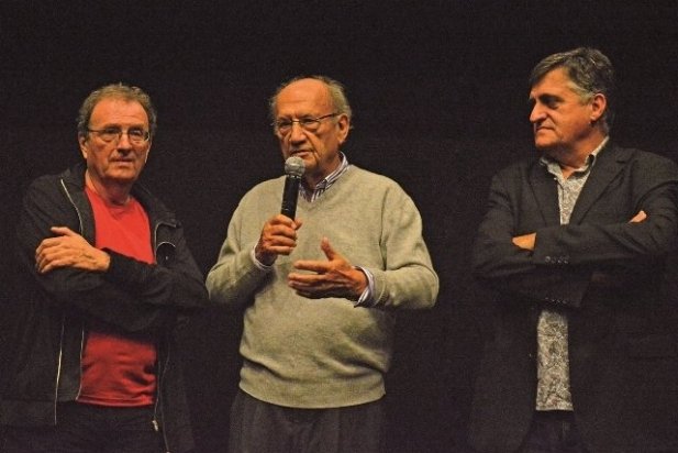 El director local Pere Joan Ventura amb els productors Pere Portabella i El Gran Wyoming en l'estrena de divendres als cinemes Verdi de Barcelona_617x412