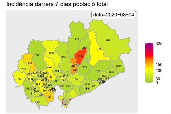 Castellar del Vallès (número 097 del mapa) manté en verd el risc de contagi en la primera setmana d'agost