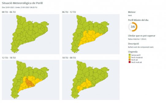 Mapa de la previsió del temps del METEOCAT quant a les fortes ratxes de vent d'aquest divendres - @METEOCAT