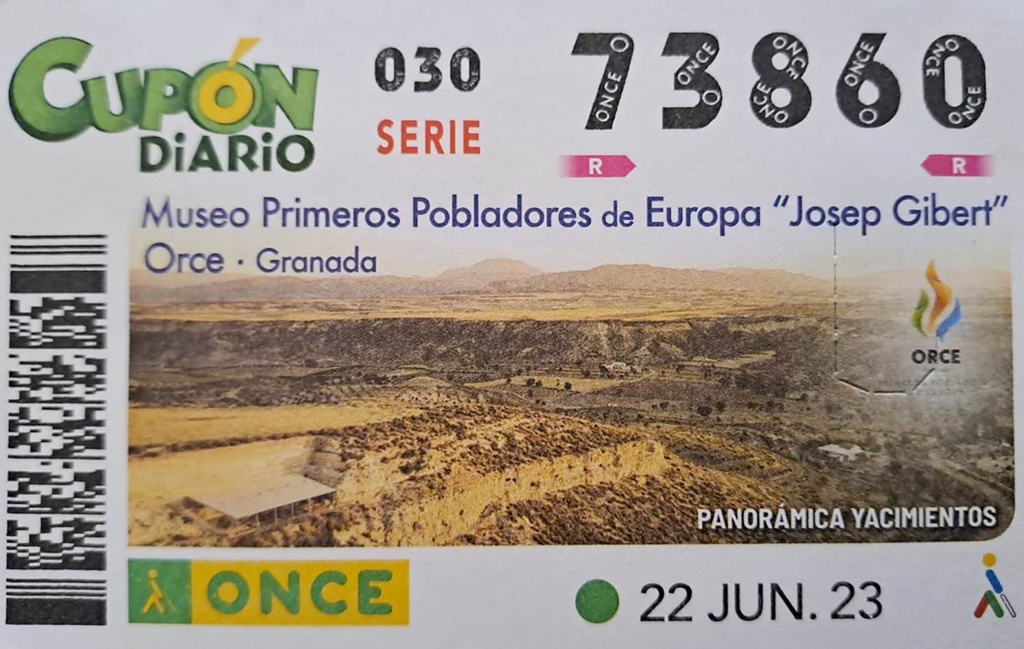 Cupó de la ONCE dedicat al museu d'Orce 'Josep Gibert'. || CEDIDA