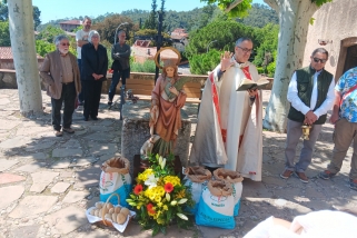 Mossèn Xavier Blanco durant la benedicció del pa de Santa Quitèria en l’edició passada. || J. R.