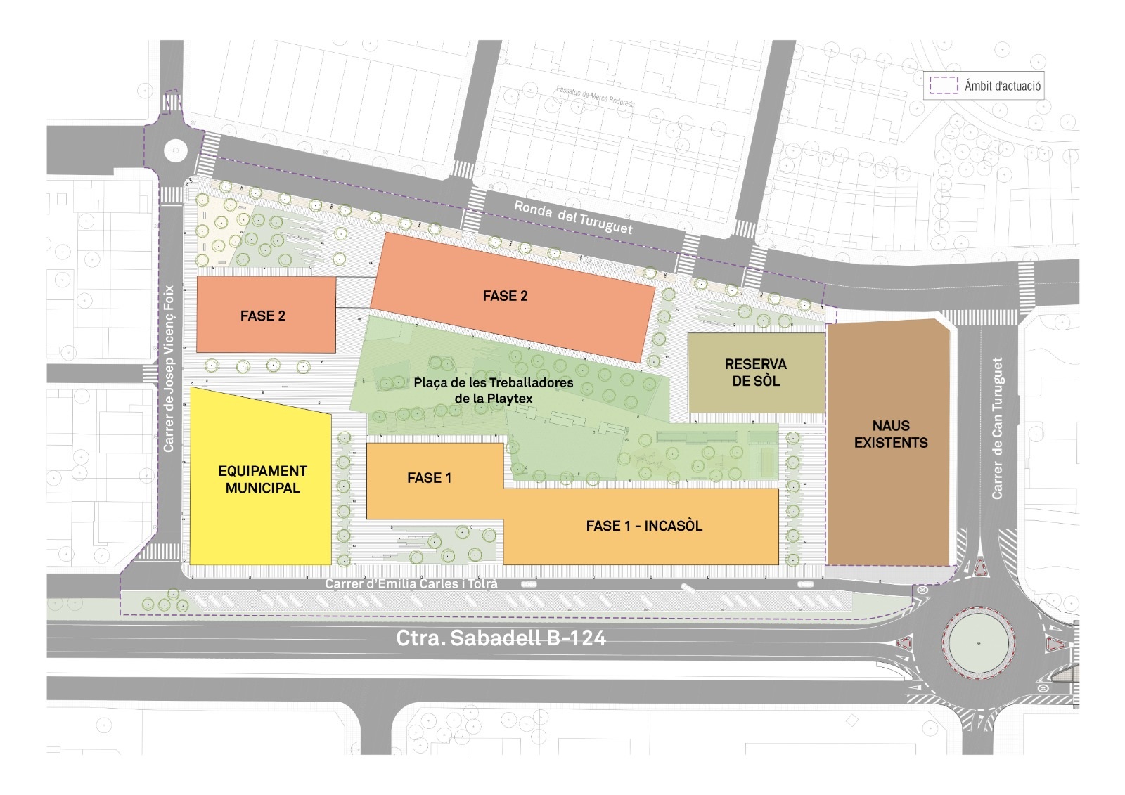 Plànol que mostra les pastilles on s’aixecaran els pisos de lloguer assequible en dues fases. A la dreta, la rotonda ara en obres.