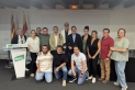 Els representants dels grups municipals de Junts de Castellar, Sant Llorenç Savall, Sentmenat i Gallifa. Al mig, el portaveu de Junts a Castellar, Joan Juni, amb els diputats Josep Rius i Joan Canadell